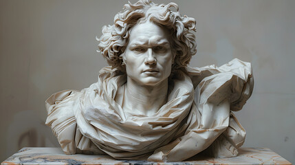 A detailed marble bust of a stern-faced man with curly hair, intricately carved and draped in flowing fabric, exuding timeless elegance.