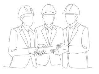One continuous line drawing of young construction coordinator discussing construction design plan to team member, Single line draw design graphic illustration.