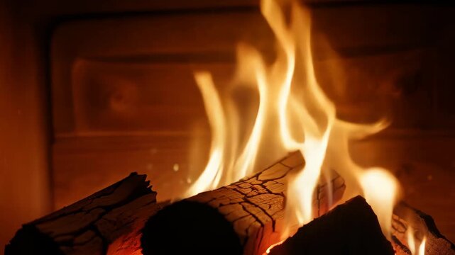 Animation of burning firewood in firebox of fireplace in country cottage. Cosy living room with wood burner stove with burning flame. Blaze fire flame closeup texture