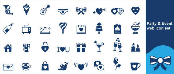 Party & Event web icons. Birthday, dancing, happy new year, week,entertainment, invitations, wedding, event, holidays, carnival, collection. Vector illustration