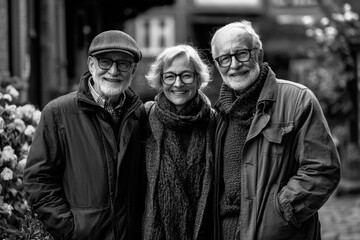 Portrait of elderly friends during walk in park, black and white portrait of happy pensioners, concept for Father's Day or National Grandparents' Day