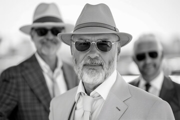 Elderly gentleman in suit and hat walking with his friends, concept for Father's Day or National Grandparents Day