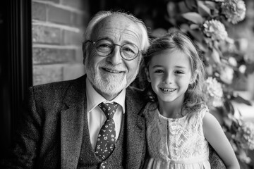 Black and white portrait of grandfather and granddaughter against the background of flowering bushes and church wall, concept for Father's Day or National Grandparents Day