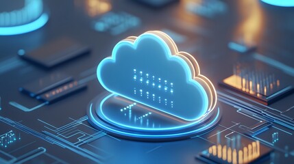 Futuristic cloud computing concept with glowing cloud icon on a digital circuit board, representing data storage and technology innovation.