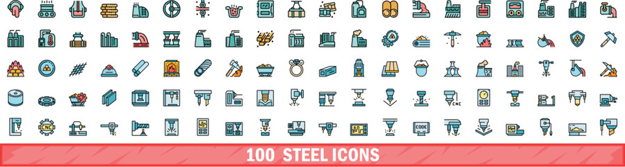 100 steel icons set. Color line set of steel vector icons thin line color flat on white