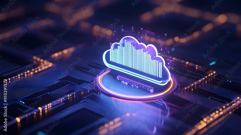 Poster futuristic cloud computing concept with glowing neon lights, representing data storage and technolog