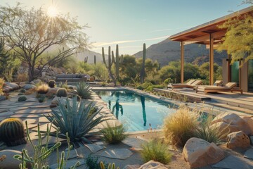 A desert landscape with cactus plants and a small pool of water, Showcase the beauty of a picturesque seaside village. AI generated