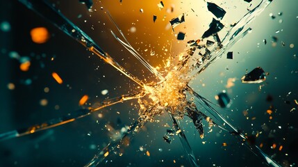 A shattered glass window with a bright light shining through it