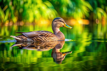 Fototapeta premium Serene solo duck glides effortlessly across calm lake waters, rippling the mirror-like surface, surrounded by lush green vegetation and tranquility.