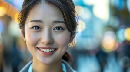 Fototapeta premium Smiling asian woman in urban setting. A portrait of a cheerful young Asian woman smiling warmly against a blurred city backdrop.