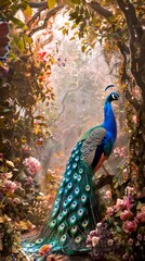 Obraz premium Elegant peacock in a beautiful enchanted forest with vibrant flowers, capturing mystical beauty. AI-generated nature scene suitable 