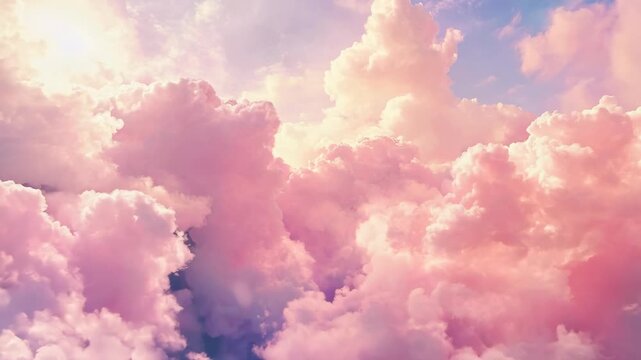 Flying through fluffy pink clouds in sunrise sky. Scenic aerial view. Tranquil sky and sugar cotton cloudscape concept. Dreamy and ethereal