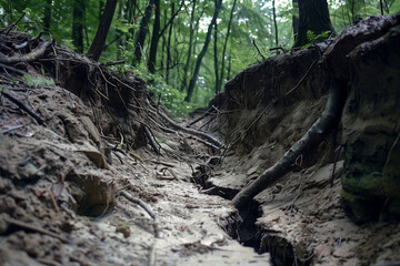 Obraz premium Close-up of a dramatic earth fissure in a forest, with trees on either side showing signs of displacement and roots exposed along the edges of the crack.