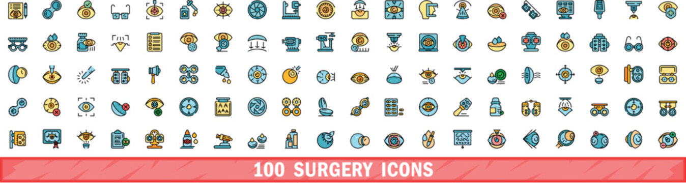 100 surgery icons set. Color line set of surgery vector icons thin line color flat on white