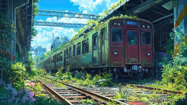 Detailed anime art of an abandoned train, highlighting the contrast between vibrant nature and derelict structures.
