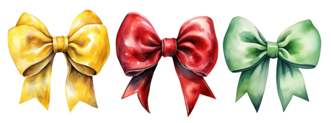 Red, yellow and green bow isolated on transparent background, set of different colored bows in png