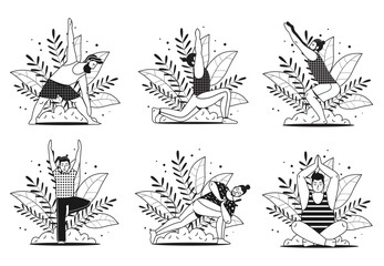 Diverse Men in Line Art Doing Yoga