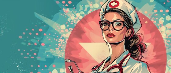 Fototapeta premium Pop art nurse with medical tools Colorful background with retro comic style healthcare elements