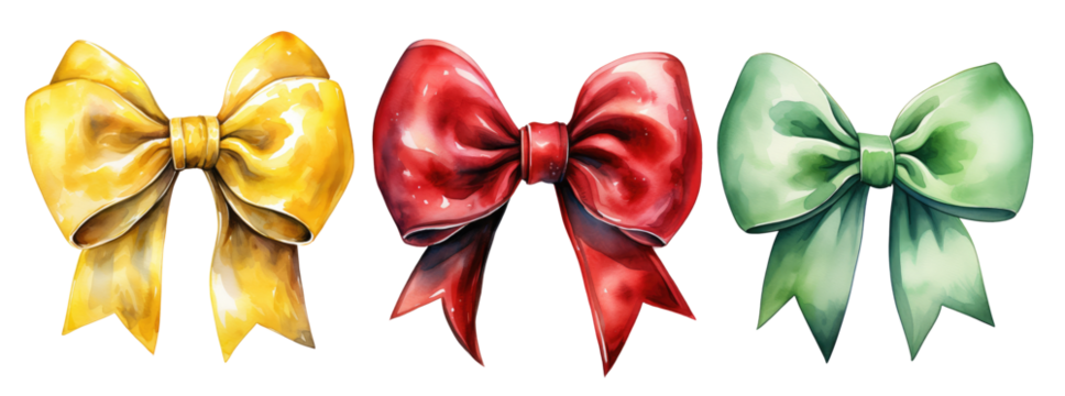 Red, yellow and green bow isolated on transparent background, set of different colored bows in png