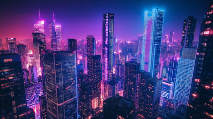 Obraz premium A Night View of a Futuristic Metropolis Bathed in Neon Lights