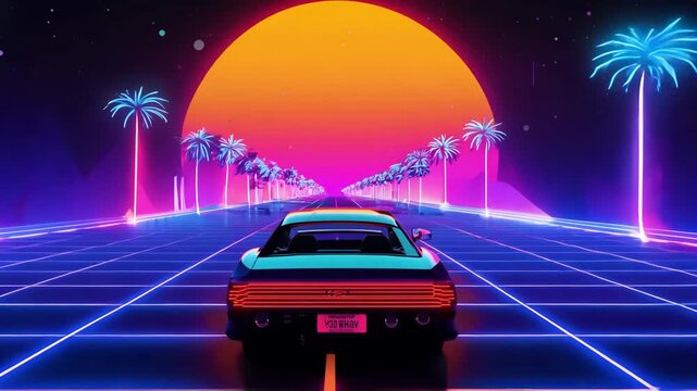A sleek car navigates a dazzling neon pathway framed by palm trees, with a striking sunset casting vibrant colors over the surreal landscape.