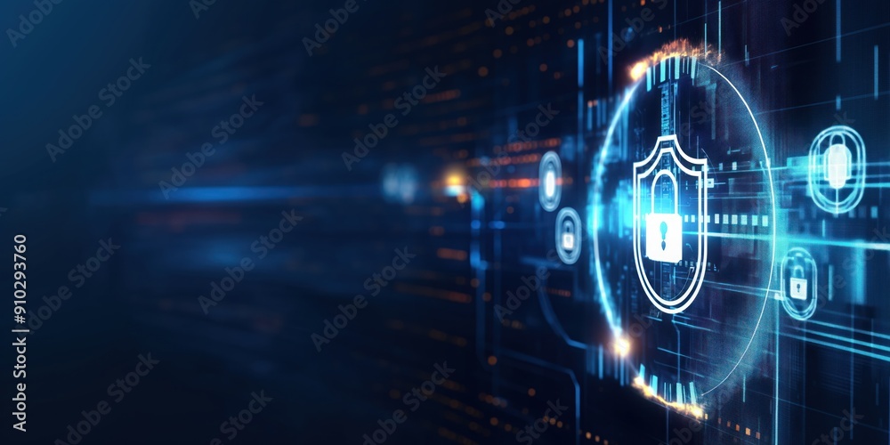 Poster virtual display with secure lock icon, abstract backgrouund. blue background represents cyber securi