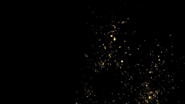 Gold dust particles fly in slow motion in the air lingering slowly. Dust Particles Background Bokeh Lights Background on Black Background 4k Footage Snow Particles Background.