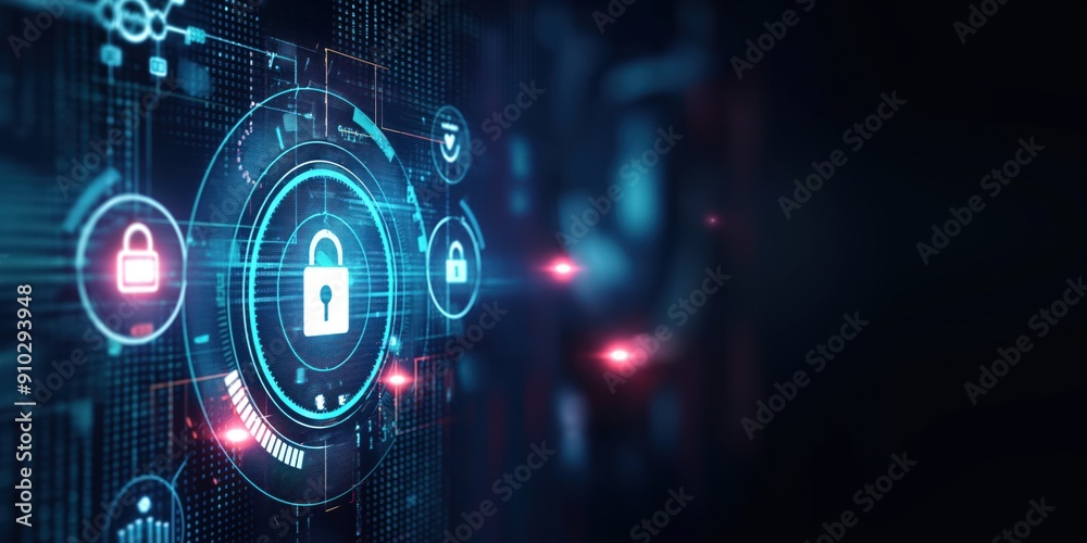 Poster secure virtual environment background with locked data protection, blue padlock icons for cyber secu