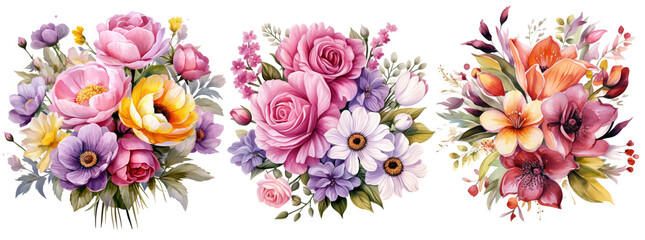 A bouquet of various flowers drawn using watercolor technique on a transparent background in PNG, a beautiful bouquet for a postcard