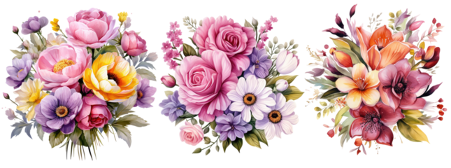 A bouquet of various flowers drawn using watercolor technique on a transparent background in PNG, a beautiful bouquet for a postcard