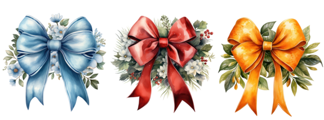 Set of different colored bows in png, blue, red and orange bow with flowers isolated on a transparent background