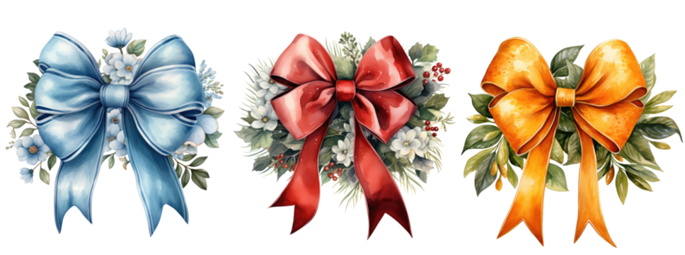 Set of different colored bows in png, blue, red and orange bow with flowers isolated on a transparent background - Powered by Adobe
