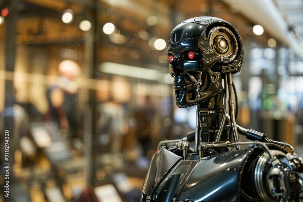 Poster a robotic figure with advanced technology, depicting the future of artificial intelligence, robotics