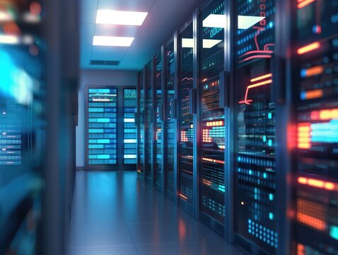 3D illustration of futuristic server room with node-based programming, data design elements. Binary code, cyberpunk-inspired architecture create high-tech atmosphere. Nodes interconnected,