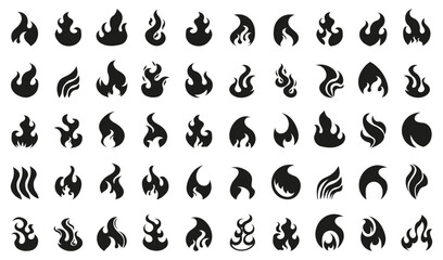 Obraz premium Fire flame icons. Big set of different fire flames in black