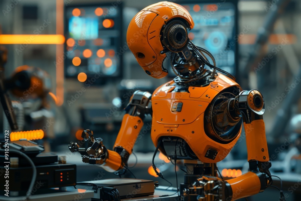 Poster an image of a sleek, modern robot, representing the future of artificial intelligence technology, ro