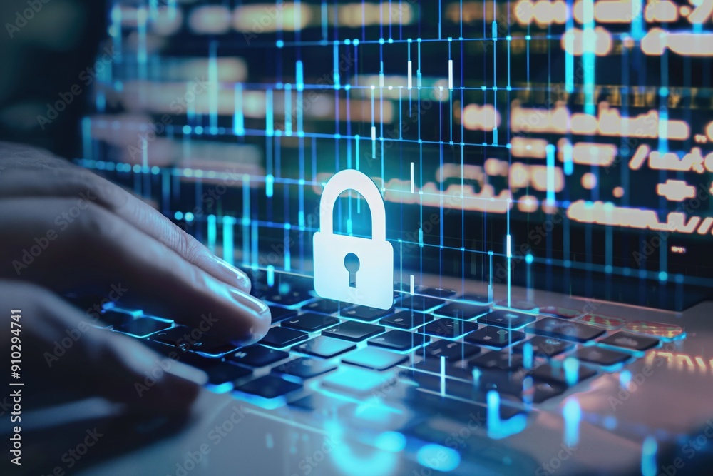 Poster cybersecurity concept with futuristic design elements. a hand types on a laptop keyboard while surro