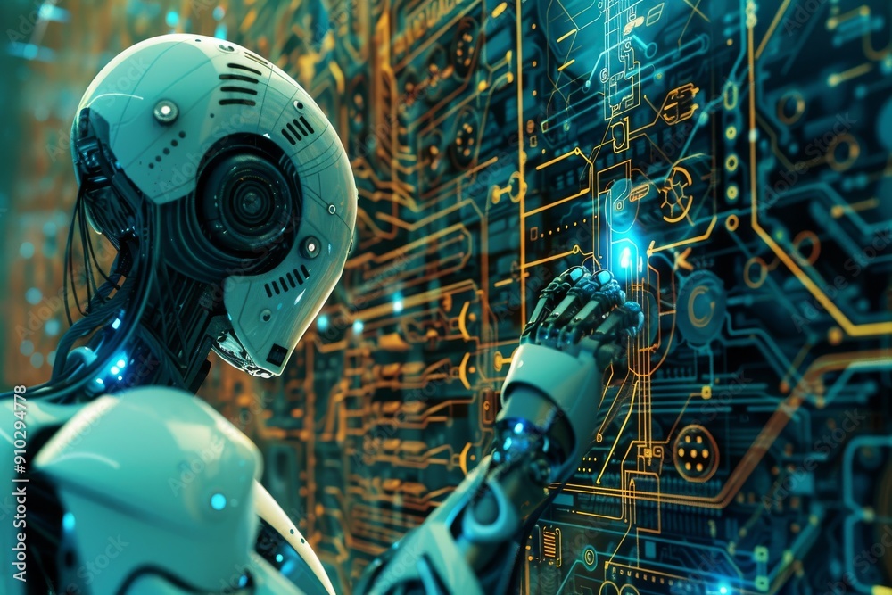 Poster an image of a sleek, modern robot, representing the future of artificial intelligence technology, ro
