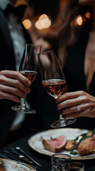 A couple is toasting with champagne glasses at a fancy dinner
