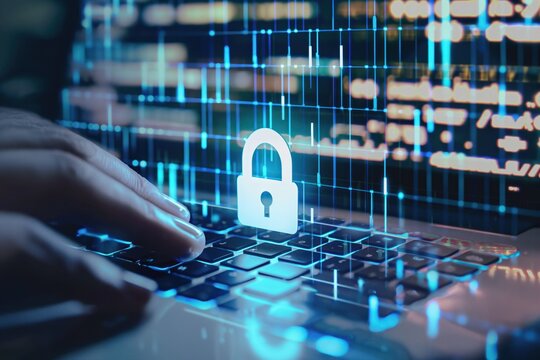 Cybersecurity concept with futuristic design elements. A hand types on a laptop keyboard while surrounded by digital encryption symbols and icons of secured servers, databases, and networks.