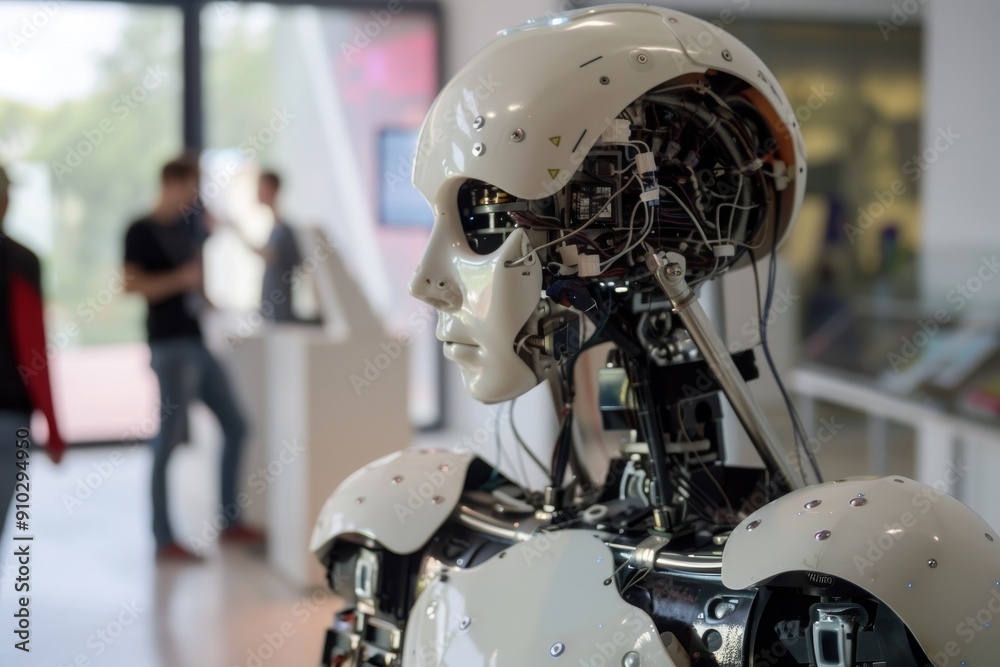 Poster an image of a sleek, modern robot, representing the future of artificial intelligence technology, ro
