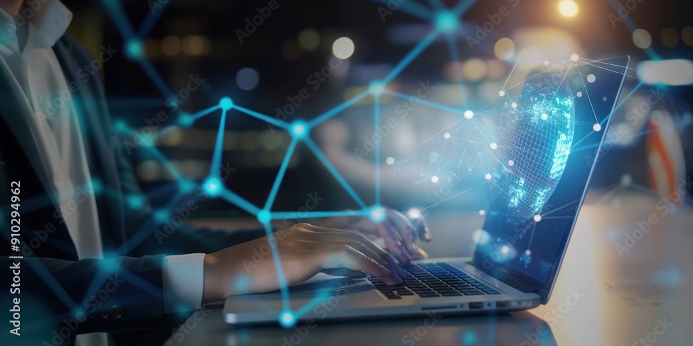 Poster businessman uses laptop computer protecting business data with virtual network connection. secure on