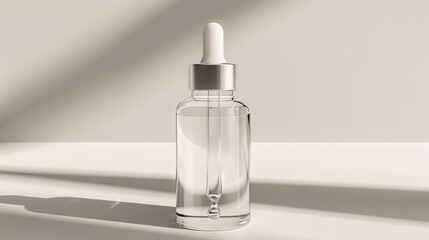 Fototapeta premium Clear glass dropper bottle with silver cap. A clear glass dropper bottle with a silver cap sits on a white surface. The bottle is empty, ready for your product.
