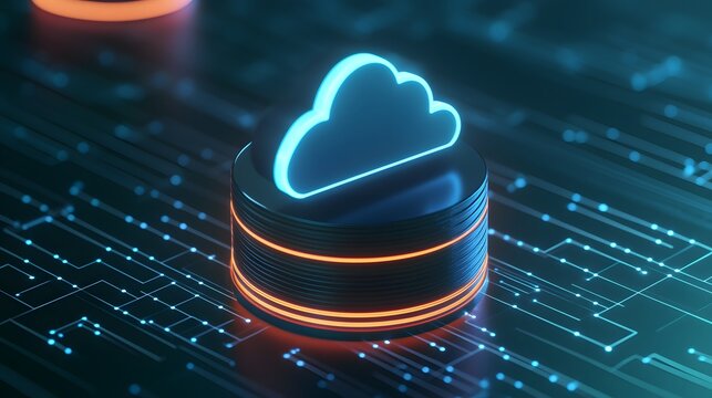 Futuristic cloud computing concept with neon lights showcasing cloud storage and digital technology in a secure server environment.