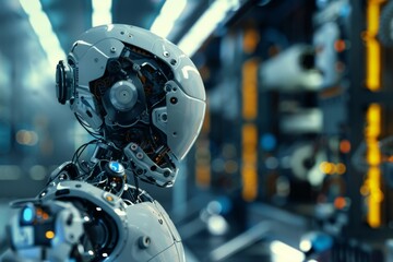 Fototapeta premium Robotics and automation processes, A futuristic robot with glowing eyes and metallic features, symbolizing the future of artificial intelligence, Ai generated