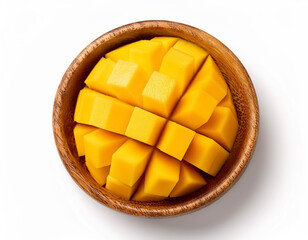 fresh mango slice in wooden bowl isolated on white background