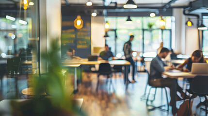 Obraz premium Blurred modern office interior design. Abstract, out-of-focus image of a modern office space, featuring a blend of natural light and warm lighting, with workstations, desks, and blurred figures.