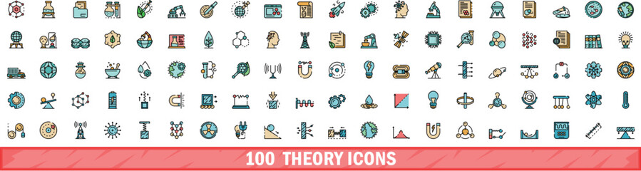 Fototapeta premium 100 theory icons set. Color line set of theory vector icons thin line color flat on white