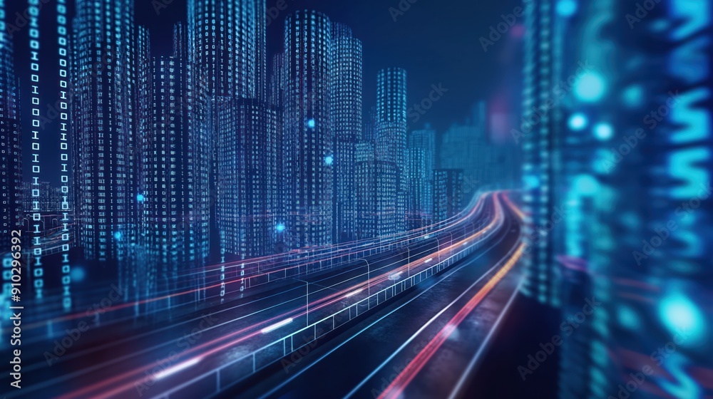 Poster abstract highway path through digital binary towers in city. big data concept with hyper loop techno