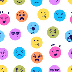 Doodle faces seamless pattern. Hand drawn emotion face, children drawing style fabric or wrapping print. Comic characters neoteric vector background